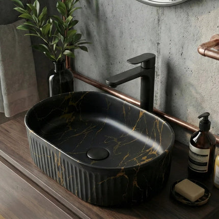 Lavoar ceramic oval A721-P394M – design marmorat negru mat cu detalii aurii