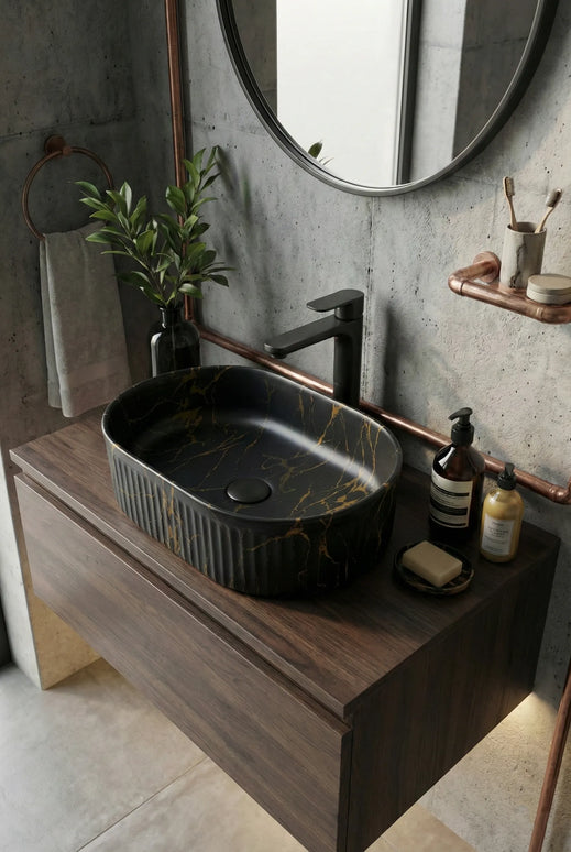 Lavoar ceramic oval A721-P394M – design marmorat negru mat cu detalii aurii