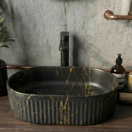 Lavoar ceramic oval A721-P394M negru mat marmorat cu detalii aurii