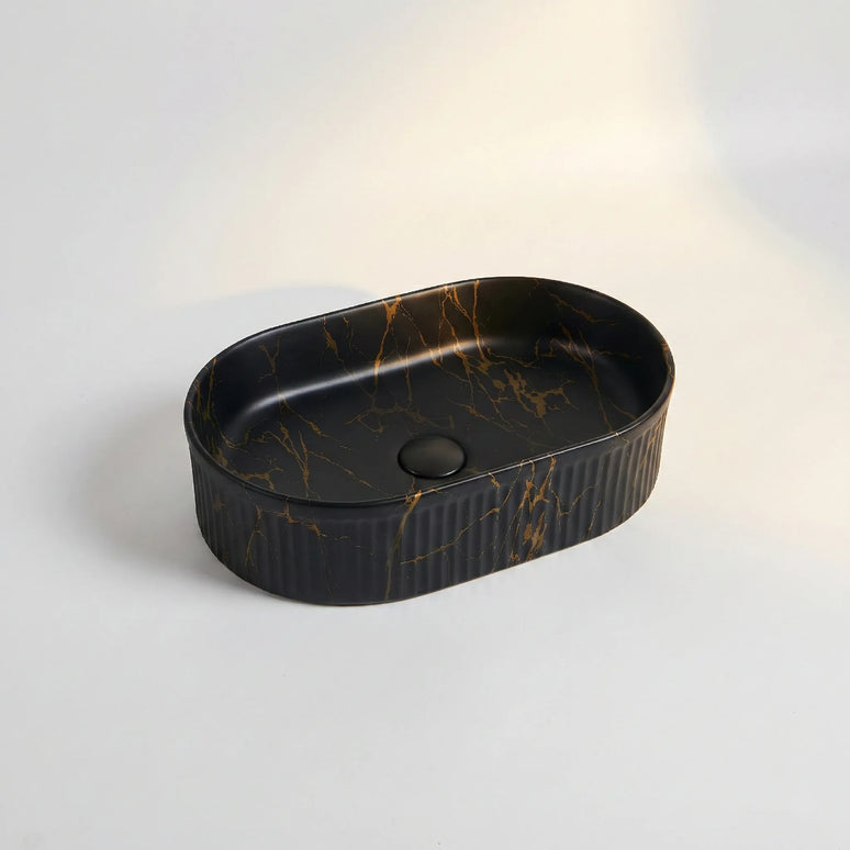 Lavoar ceramic oval A721-P394M – design marmorat negru mat cu detalii aurii