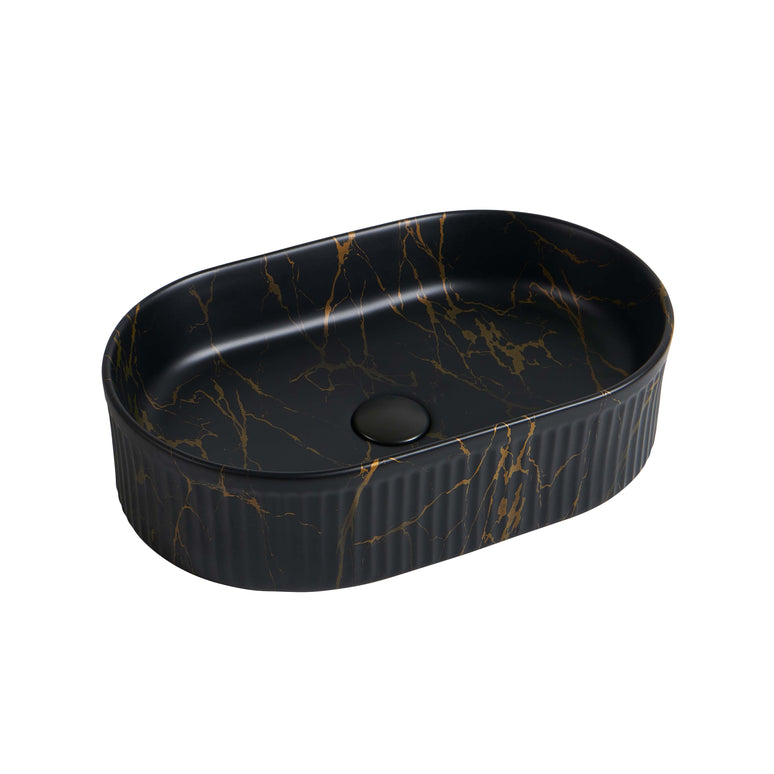 Lavoar ceramic oval A721-P394M – design marmorat negru mat cu detalii aurii