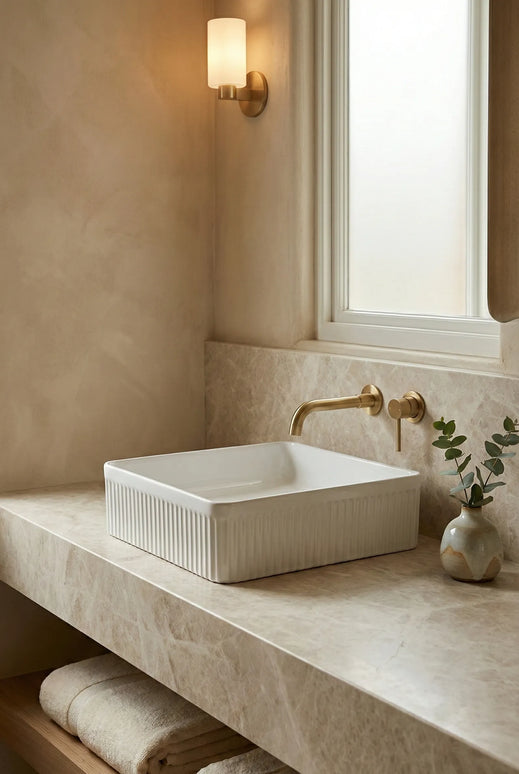 Lavoar ceramic pătrat A722 – alb lucios, exterior texturat