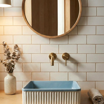 Lavoar ceramic pătrat A722-CA35M – design modern albastru deschis mat și alb mat