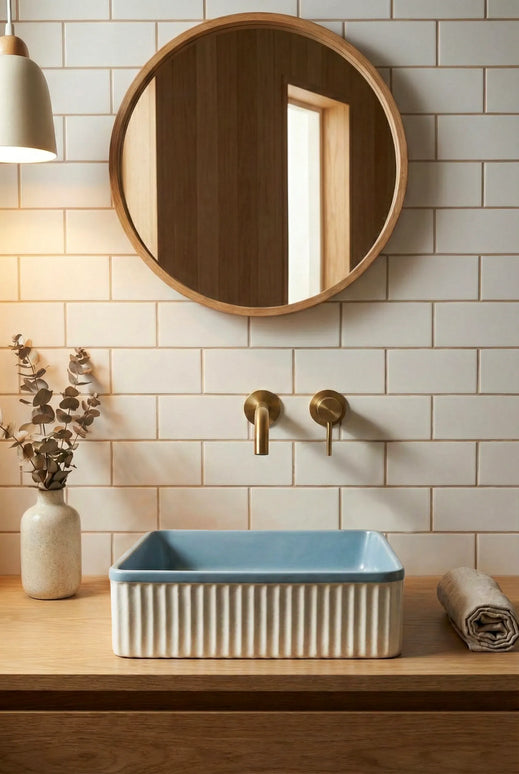 Lavoar ceramic pătrat A722-CA35M – design modern albastru deschis mat și alb mat