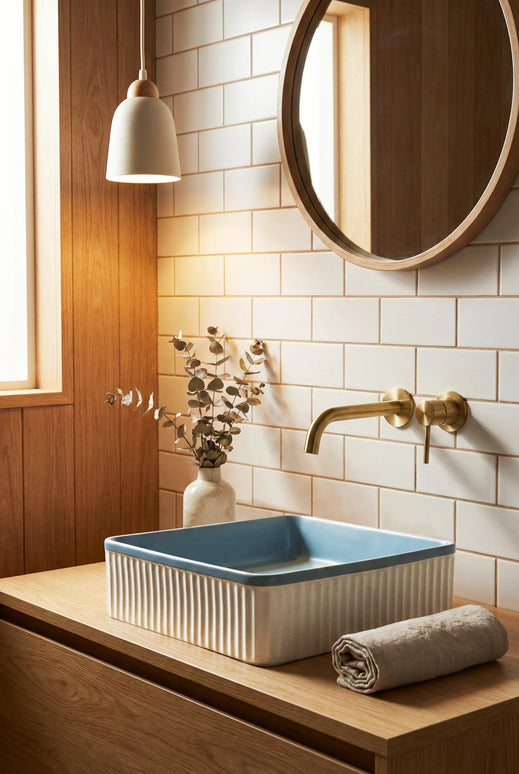 Lavoar ceramic pătrat A722-CA35M – design modern albastru deschis mat și alb mat