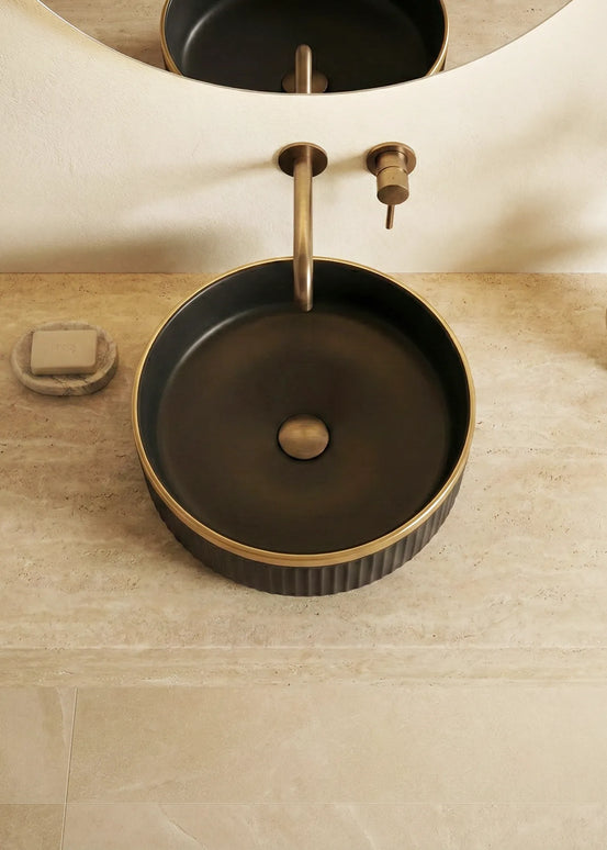 Lavoar ceramic rotund A725-CBKGGLG-M – design modern negru mat striat cu linie aurie