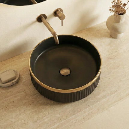 Lavoar ceramic rotund A725-CBKGGLG-M – design modern negru mat striat cu linie aurie