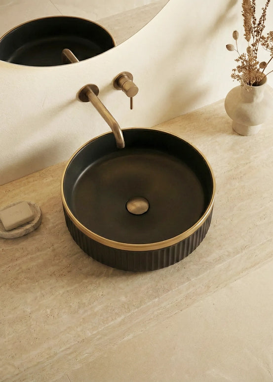 Lavoar ceramic rotund A725-CBKGGLG-M – design modern negru mat striat cu linie aurie