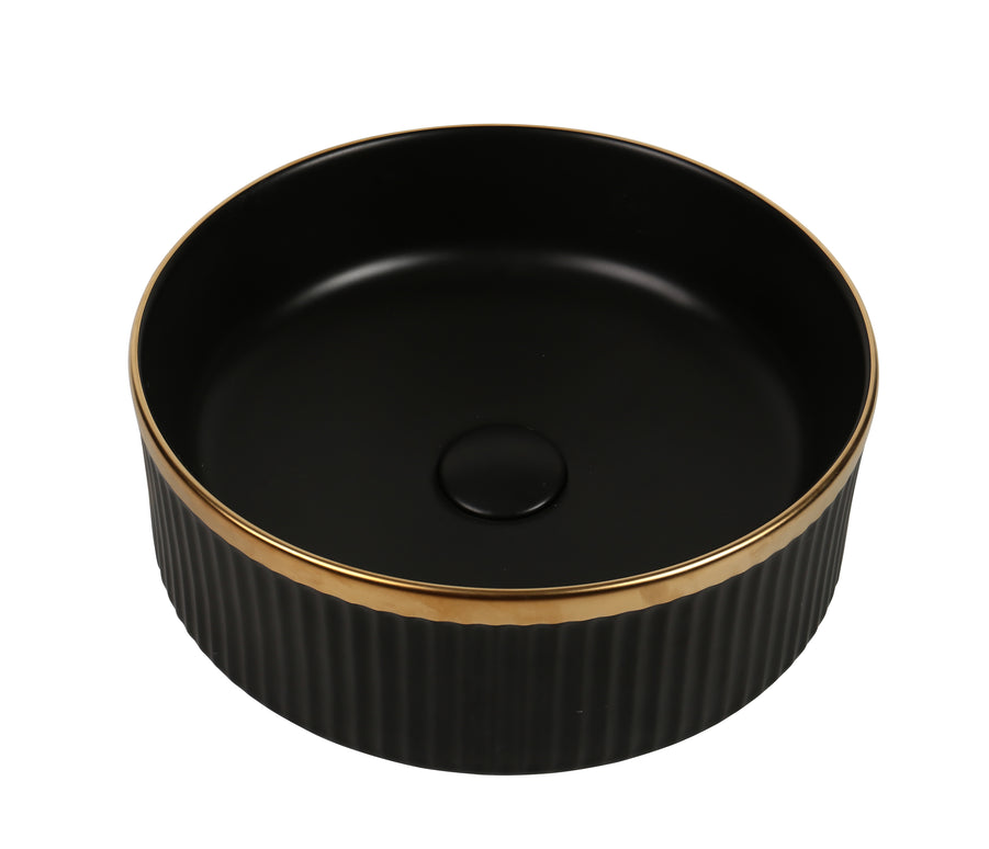 Lavoar ceramic rotund A725-CBKGGLG-M – design modern negru mat striat cu linie aurie