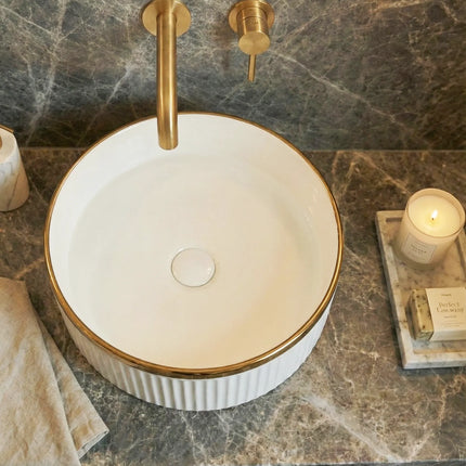 Lavoar ceramic rotund A725-GGLG – design modern alb lucios cu linie aurie decorativă