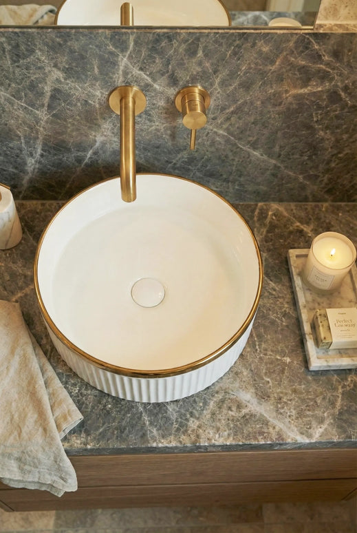 Lavoar ceramic rotund A725-GGLG – design modern alb lucios cu linie aurie decorativă