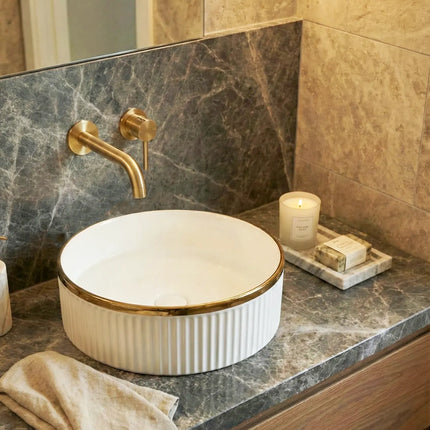 Lavoar ceramic rotund A725-GGLG – design modern alb lucios cu linie aurie decorativă