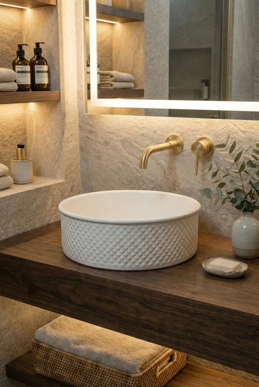 Lavoar ceramic rotund A733 – alb lucios, exterior texturat