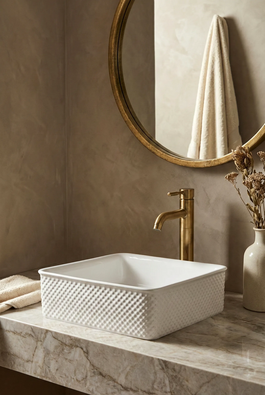 Lavoar ceramic pătrat A734 – alb lucios, design texturat