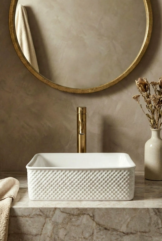 Lavoar ceramic pătrat A734 – alb lucios, design texturat