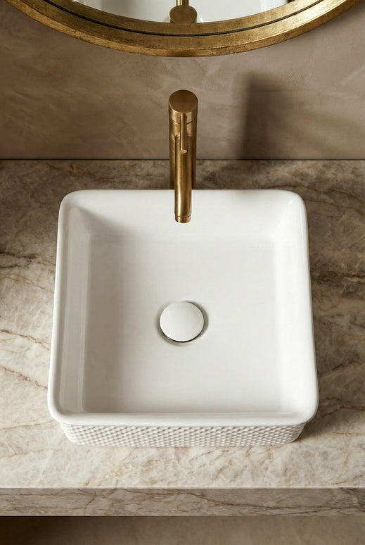 Lavoar ceramic pătrat A734 – alb lucios, design texturat