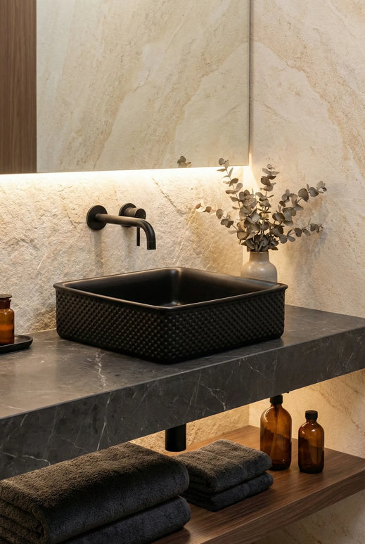 Lavoar ceramic pătrat A734-CBK-M – negru mat, design texturat