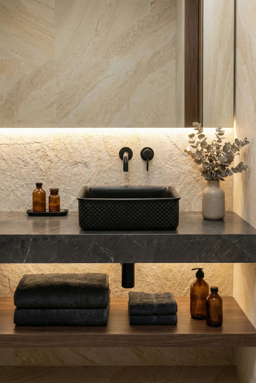 Lavoar ceramic pătrat A734-CBK-M – negru mat, design texturat