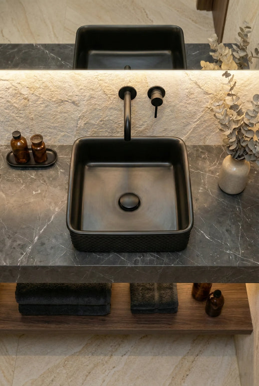Lavoar ceramic pătrat A734-CBK-M – negru mat, design texturat