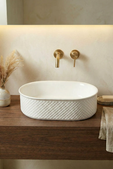 Lavoar ceramic oval A739 – alb lucios cu exterior texturat