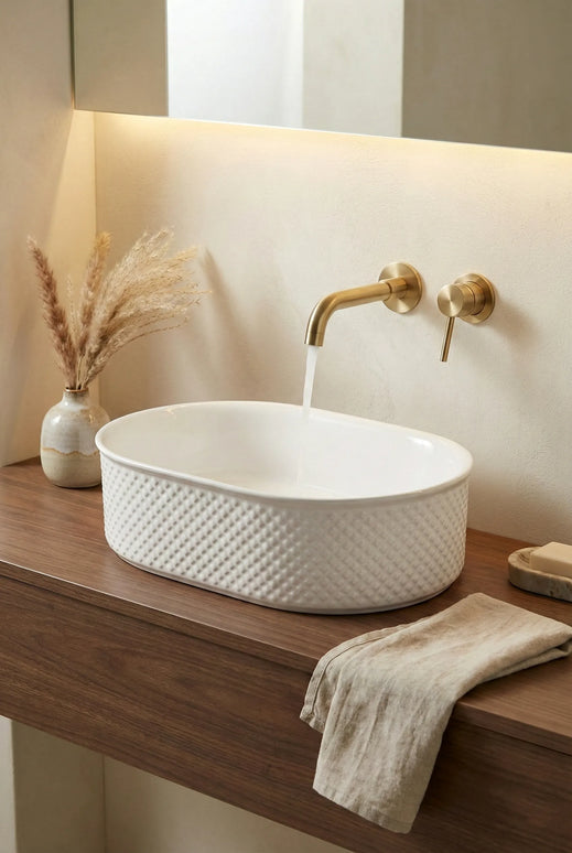 Lavoar ceramic oval A739 – alb lucios cu exterior texturat