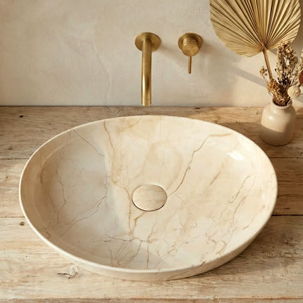 Lavoar ceramic oval A745-P302 – design marmorat crem lucios cu vene aurii