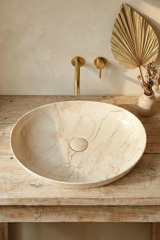 Lavoar ceramic oval A745-P302 – design marmorat crem lucios cu vene aurii