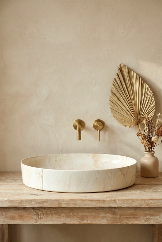 Lavoar ceramic oval A745-P302 – design marmorat crem lucios cu vene aurii