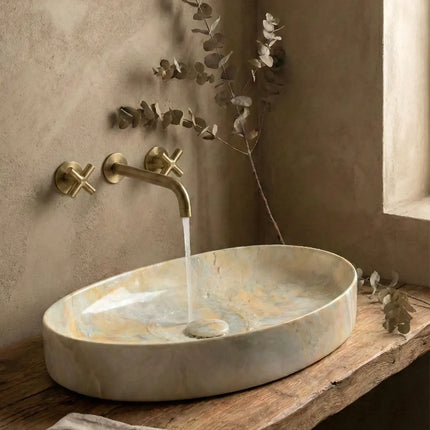 Lavoar ceramic oval A745-P786 – design marmorat crem lucios cu vene aurii