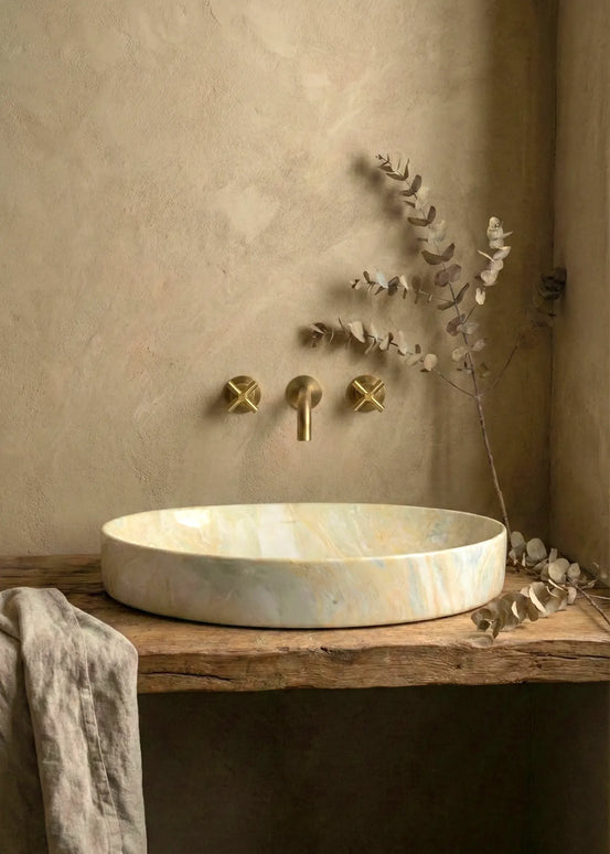 Lavoar ceramic oval A745-P786 – design marmorat crem lucios cu vene aurii