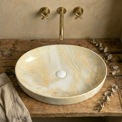 Lavoar ceramic oval A745-P786 – design marmorat crem lucios cu vene aurii