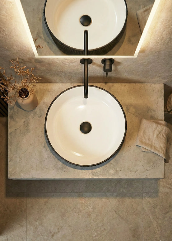 Lavoar ceramic rotund A747-CBKW-MRS – design modern alb mat și negru mat texturat