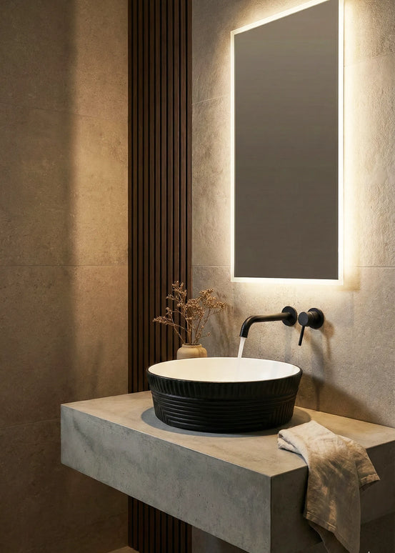 Lavoar ceramic rotund A747-CBKW-MRS – design modern alb mat și negru mat texturat