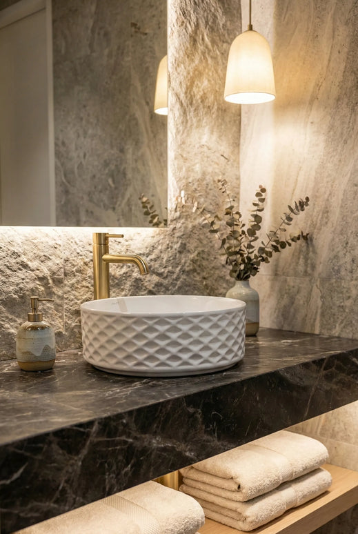 Lavoar ceramic rotund A787 – alb lucios, exterior texturat