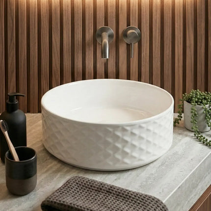 Lavoar ceramic rotund A787 – alb lucios, exterior texturat