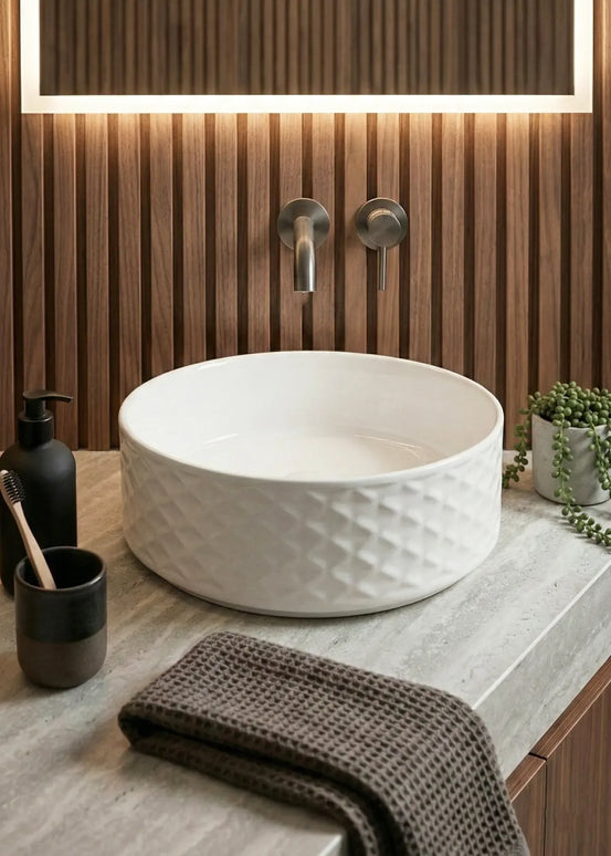 Lavoar ceramic rotund A787 – alb lucios, exterior texturat