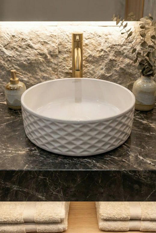 Lavoar ceramic rotund A787 – alb lucios, exterior texturat