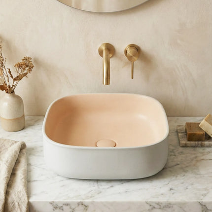 Lavoar ceramic pătrat A799-CWPR-MRS – design modern roz pudrat și alb mat