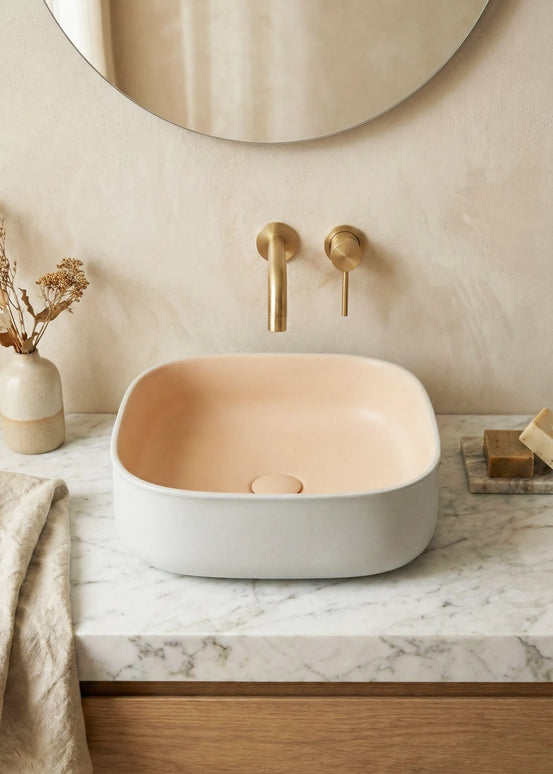 Lavoar ceramic pătrat A799-CWPR-MRS – design modern roz pudrat și alb mat