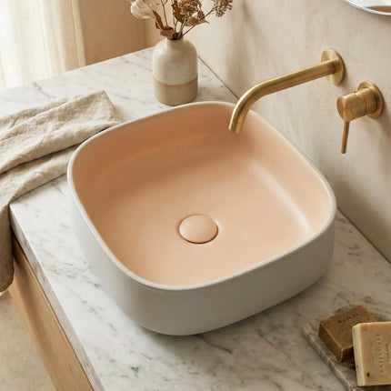 Lavoar ceramic pătrat A799-CWPR-MRS – design modern roz pudrat și alb mat