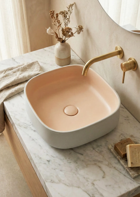 Lavoar ceramic pătrat A799-CWPR-MRS – design modern roz pudrat și alb mat