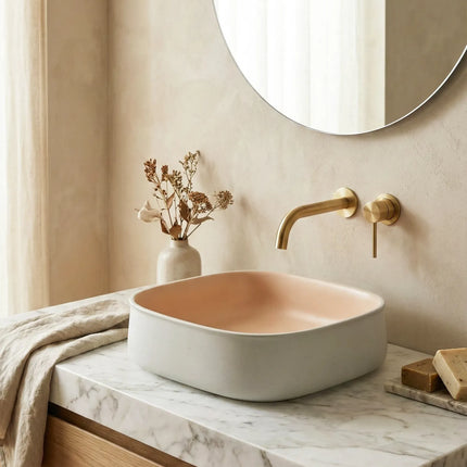 Lavoar ceramic pătrat A799-CWPR-MRS – design modern roz pudrat și alb mat