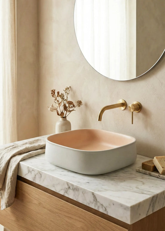 Lavoar ceramic pătrat A799-CWPR-MRS – design modern roz pudrat și alb mat