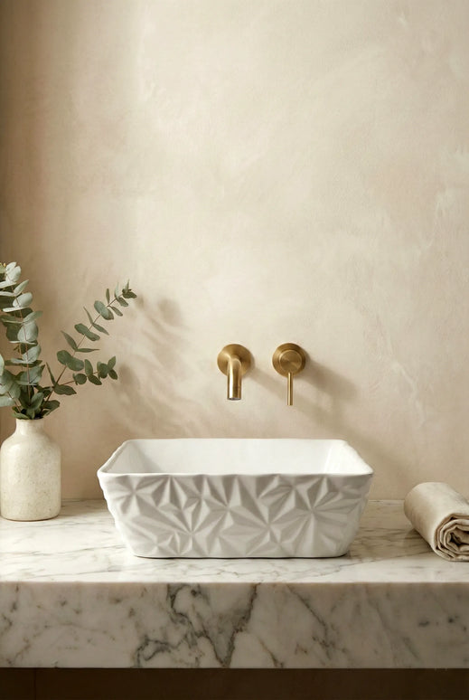 Lavoar ceramic pătrat A822 – alb lucios, design texturat