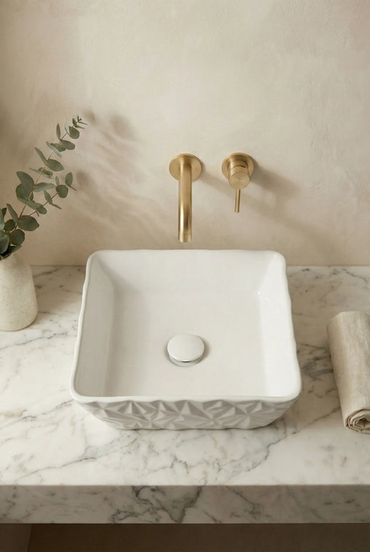 Lavoar ceramic pătrat A822 – alb lucios, design texturat