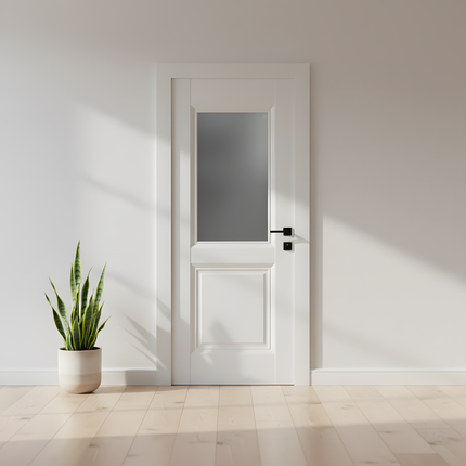 Ușă de interior albă JYA-067 cu sticlă satinată