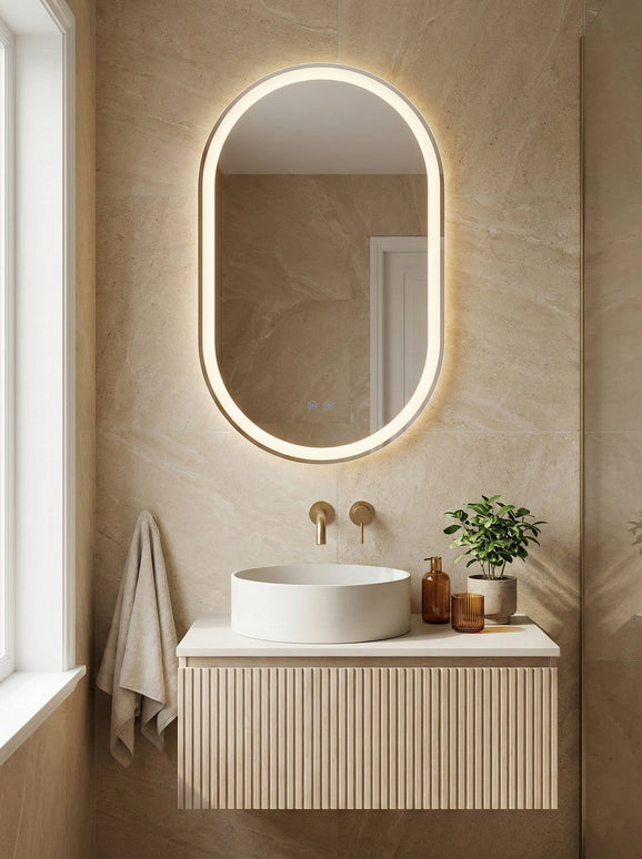 Oglindă baie LED 50x80 cm ovală, 3 nuanțe de lumină, dezaburire și touch control J-120-1