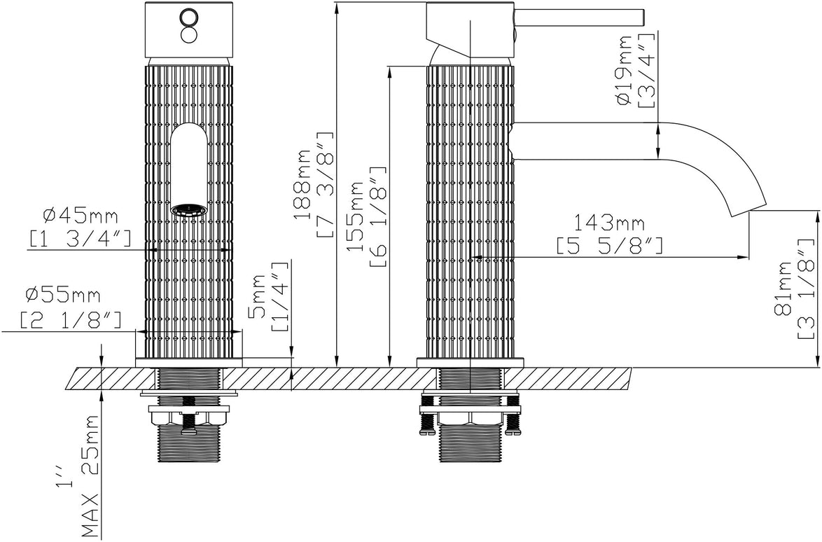 Baterie lavoar negru mat cu textură canelată – design contemporan din alamă solidă