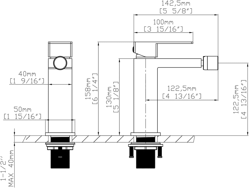 Baterie bideu pătrată H-cubic – inox premium, cartuș ceramic