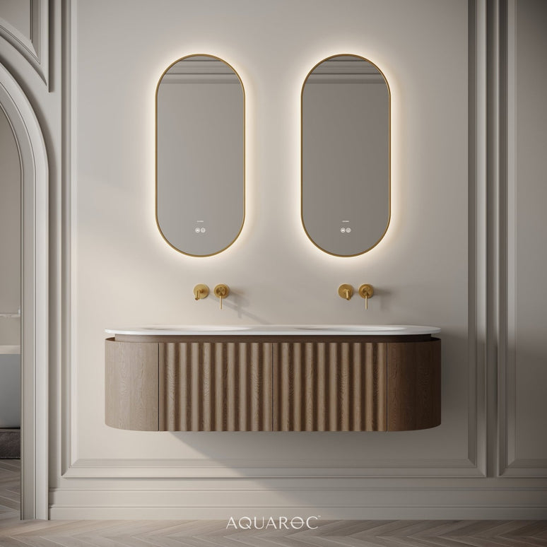 Set Mobilier Baie Dublu din Lemn cu Două Lavoare & Oglinzi LED – Design Premium